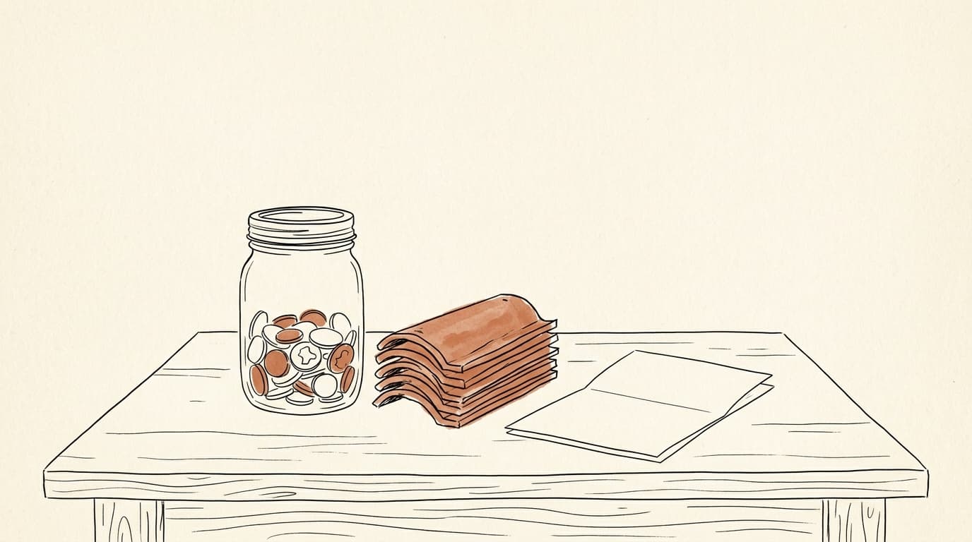 Illustration au trait : un bocal à moitié rempli de pièces posé à côté d'une pile de tuiles et d'une feuille pliée
