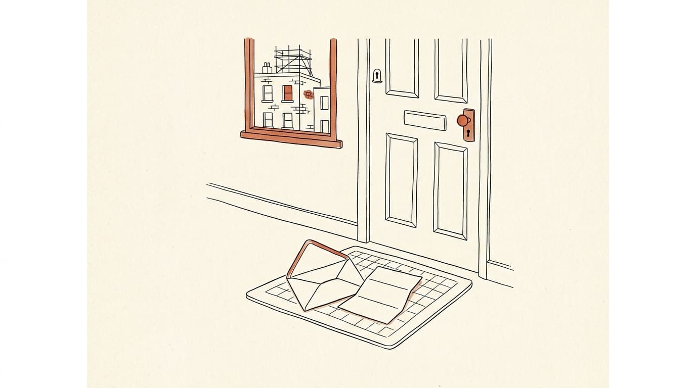 Illustration au trait : une enveloppe ouverte sur un paillasson devant une porte d'appartement, un immeuble en travaux à la fenêtre