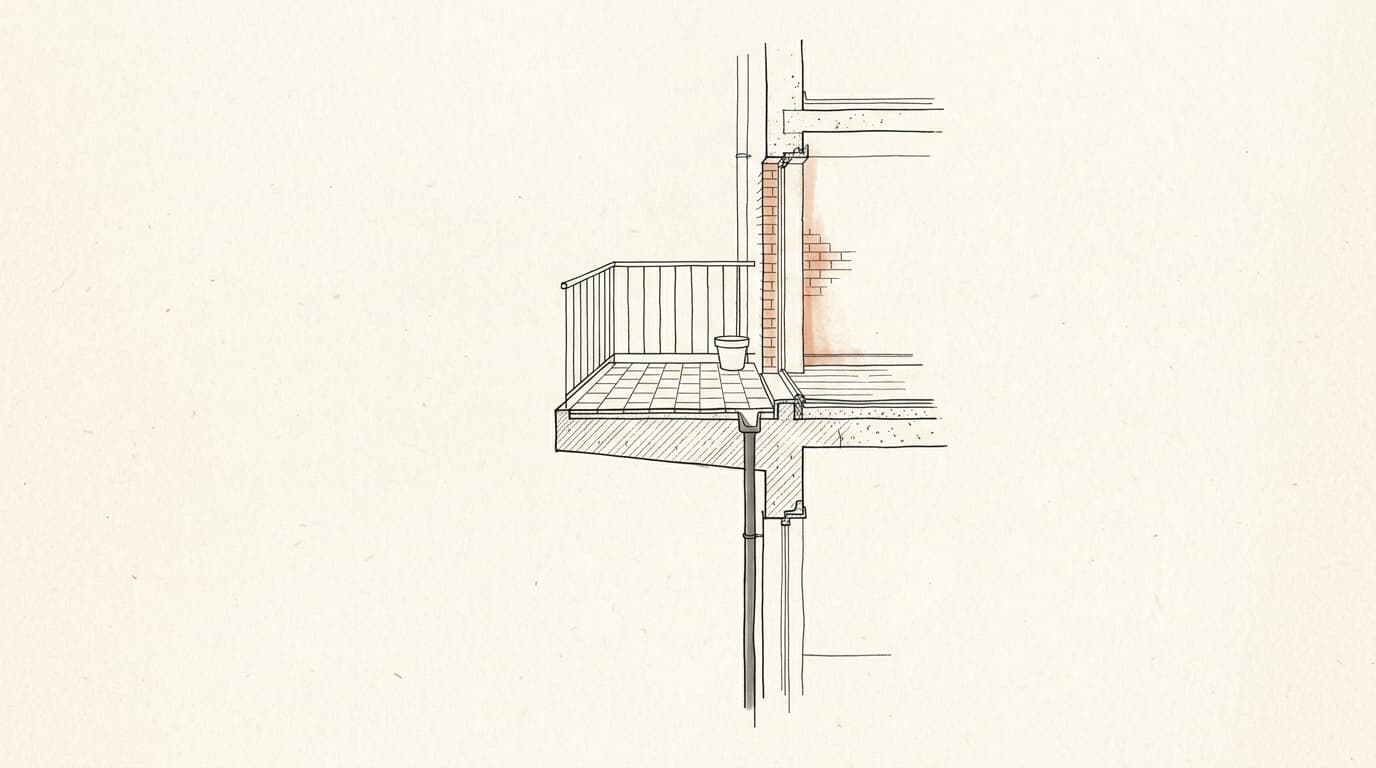 Illustration au trait : coupe d'un balcon accroché à la façade, avec sa dalle, son carrelage, son garde-corps et son évacuation d'eau