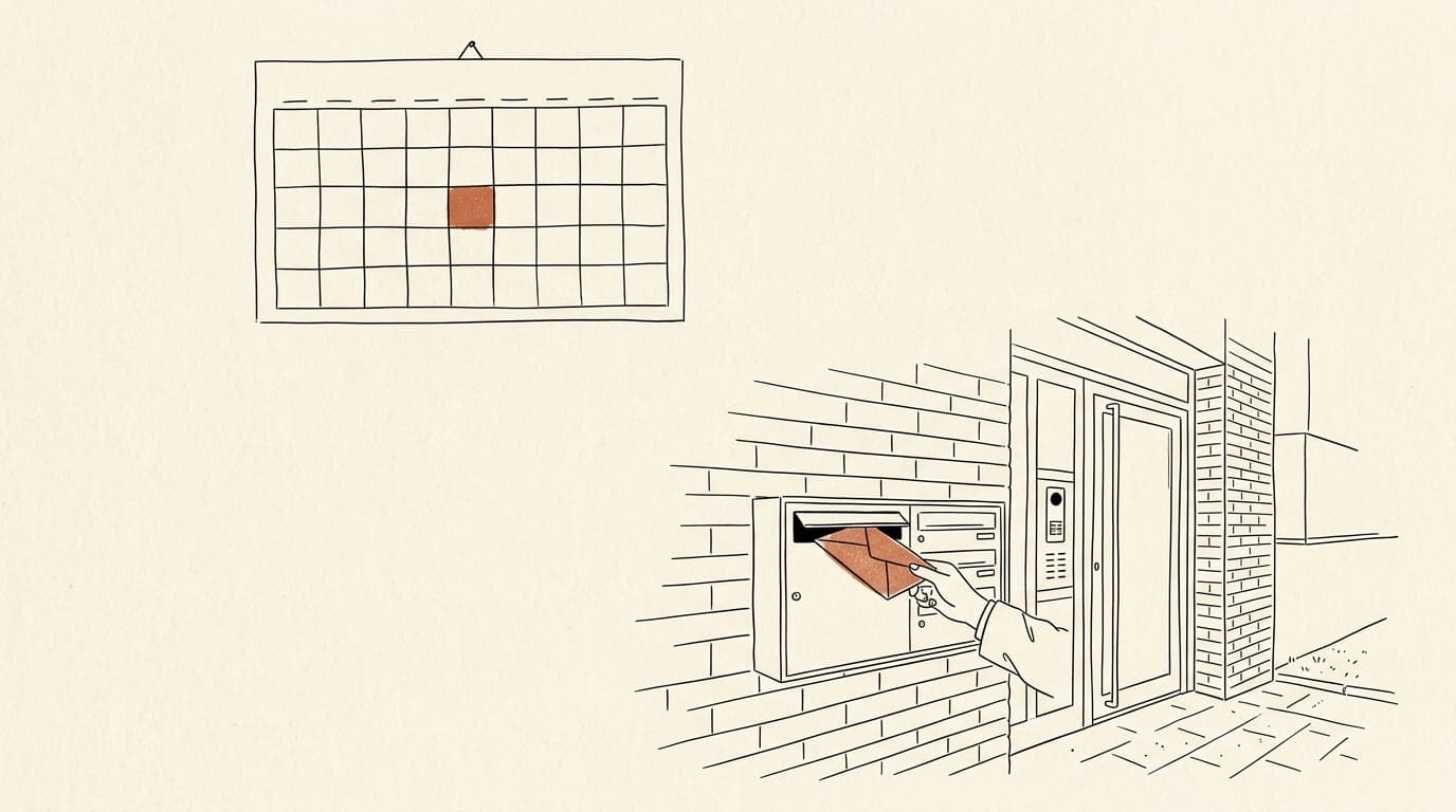 Illustration au trait : un calendrier mural dont une case est colorée, et une enveloppe glissée dans la boîte aux lettres d'un immeuble