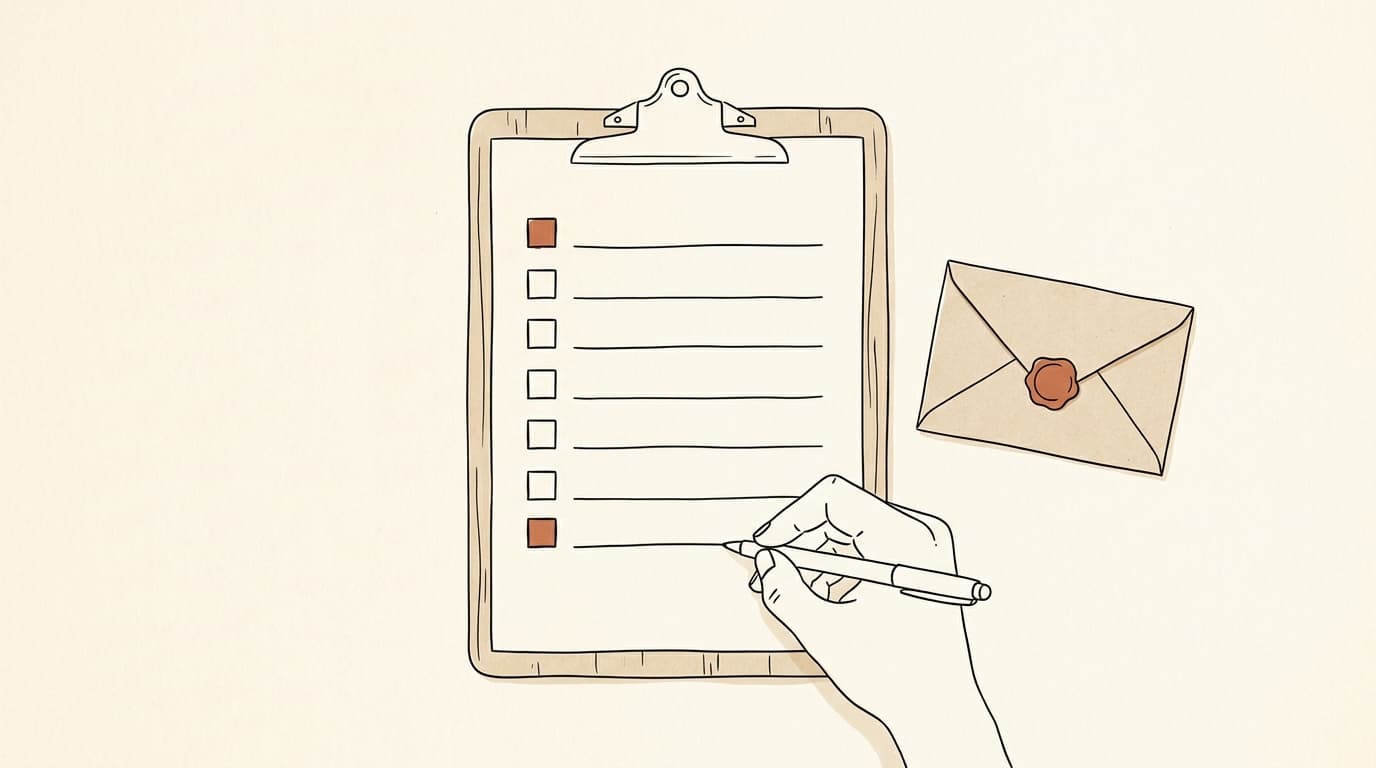 Illustration au trait : une main ajoute une ligne au bas d'une liste fixée sur une planchette, à côté d'une enveloppe fermée