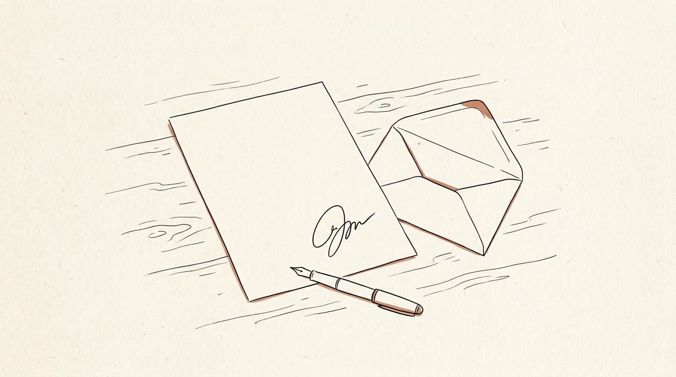 Illustration au trait : une feuille signée, un stylo et une enveloppe ouverte posés sur une table en bois