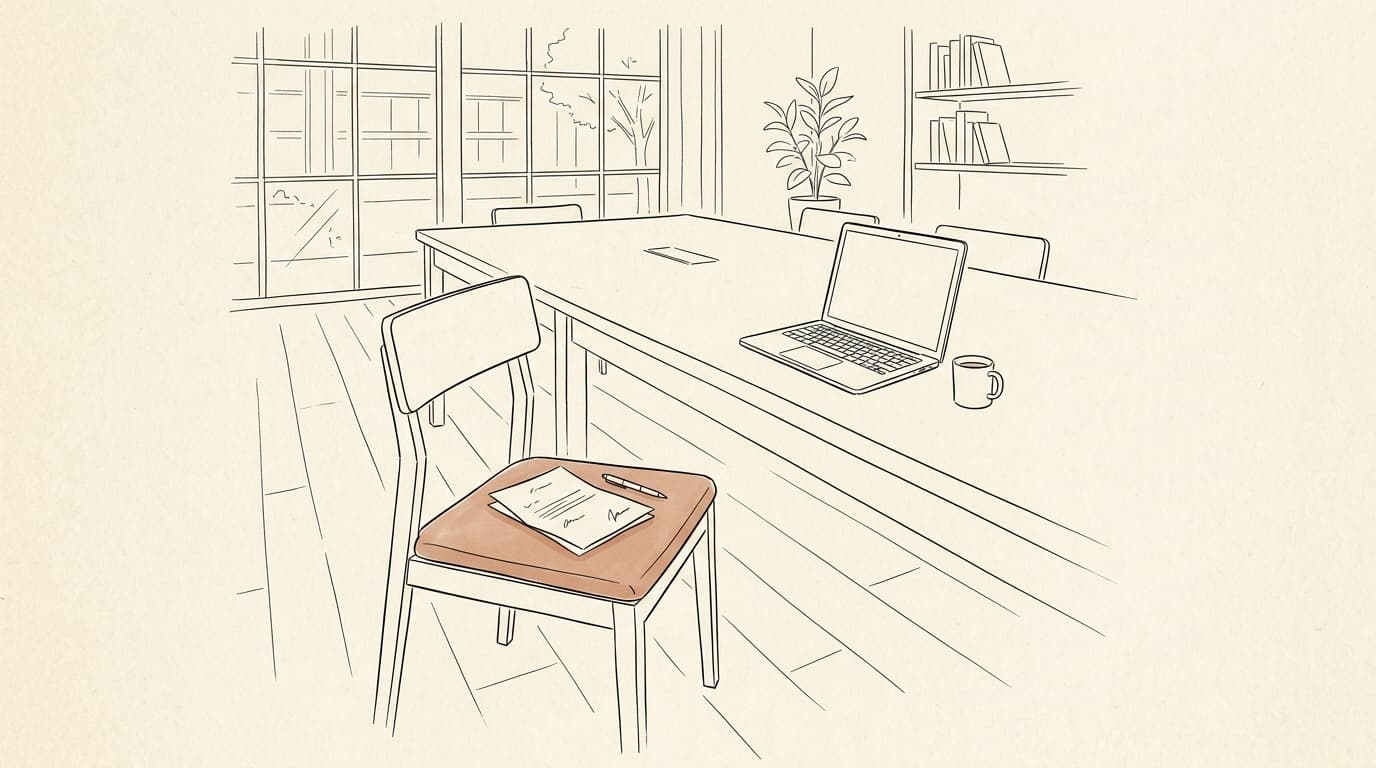 Illustration au trait : une chaise vide devant une table de réunion, un papier signé et un stylo posés sur l'assise, un ordinateur ouvert au bout de la table