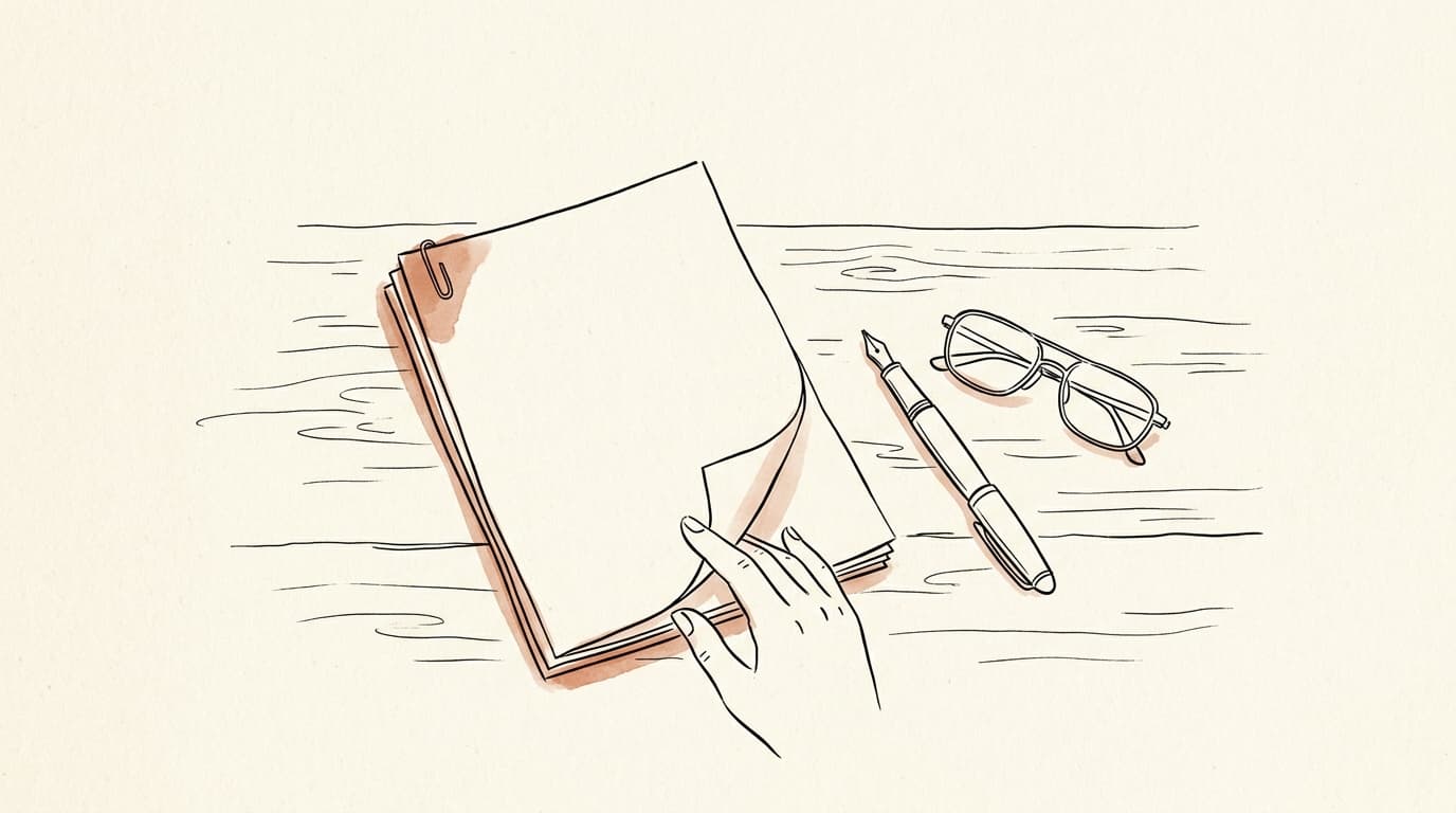 Illustration au trait : une liasse de feuilles agrafées posée sur une table, avec un stylo plume et des lunettes