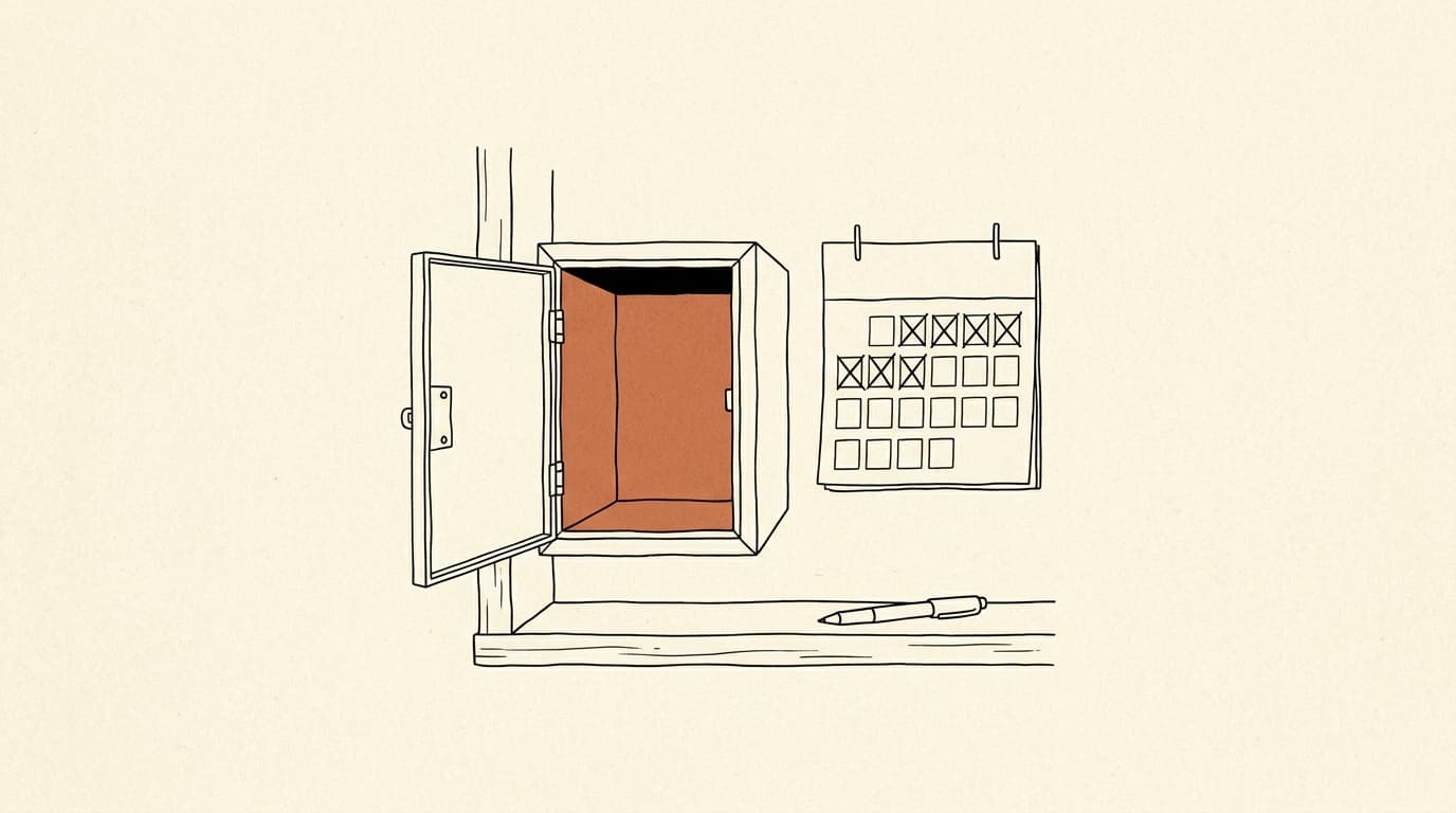 Illustration au trait : une boîte aux lettres d'immeuble ouverte et vide, à côté d'un calendrier mural aux jours barrés