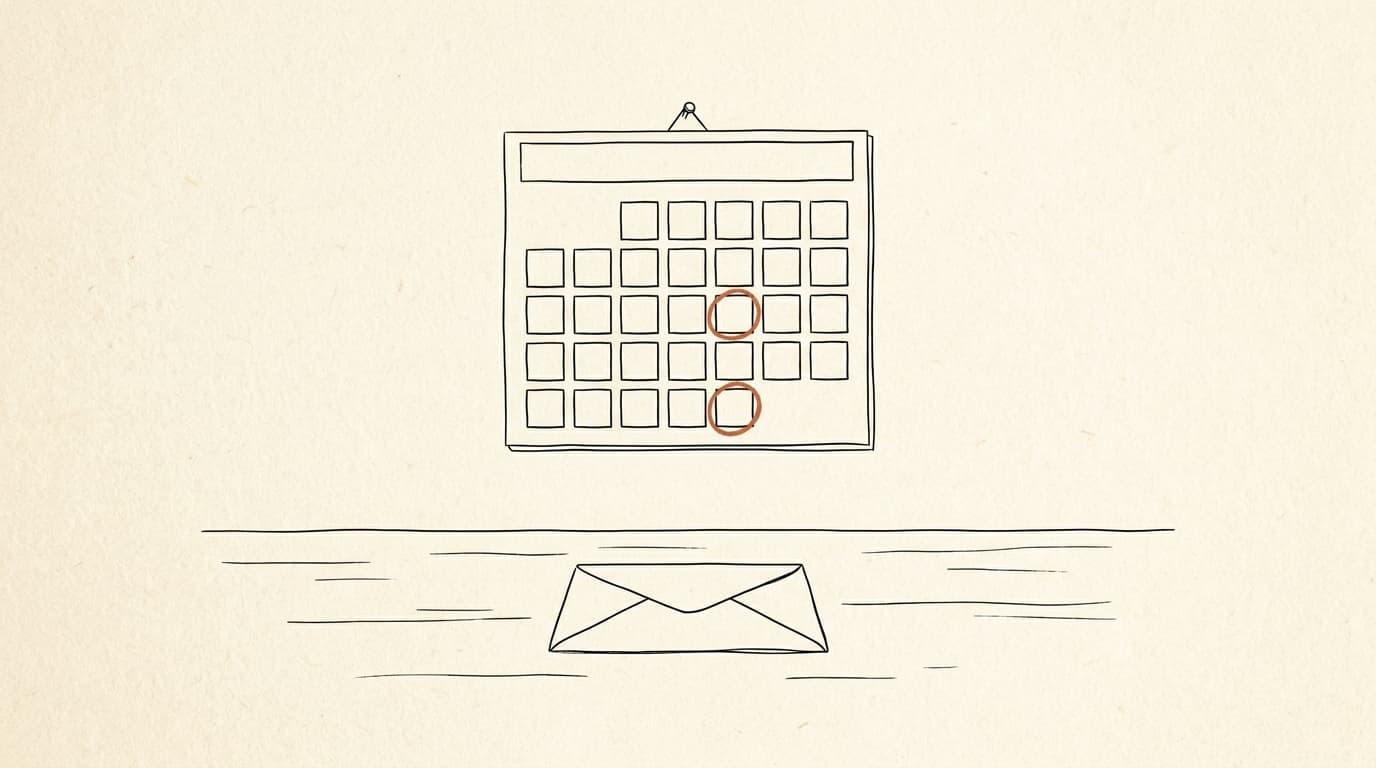 Illustration au trait : un calendrier mural avec deux jours entourés, une enveloppe fermée posée sur un bureau