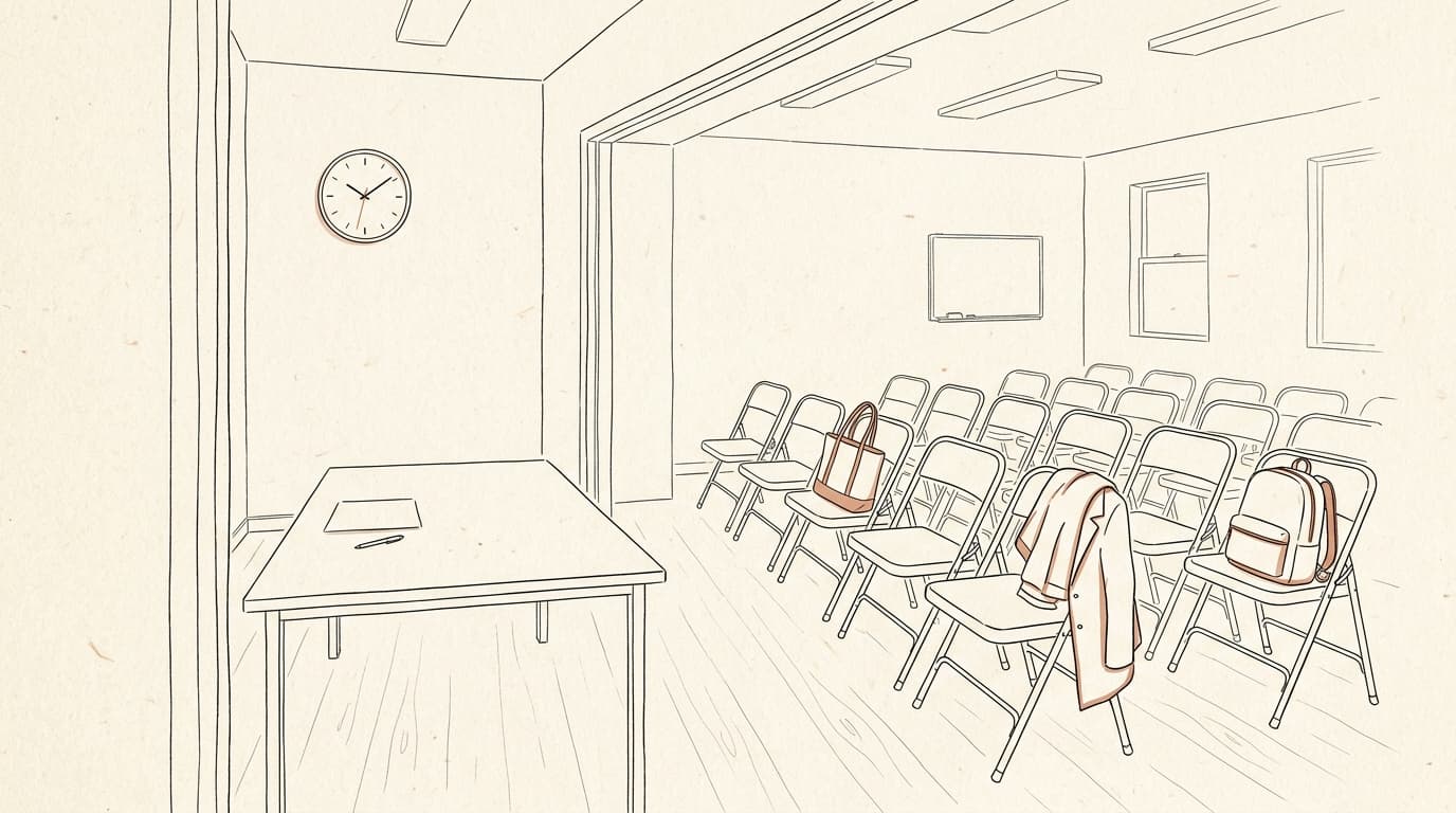Illustration au trait : une salle de réunion aux chaises pliantes presque toutes vides, une table avec une feuille et un stylo, une horloge au mur