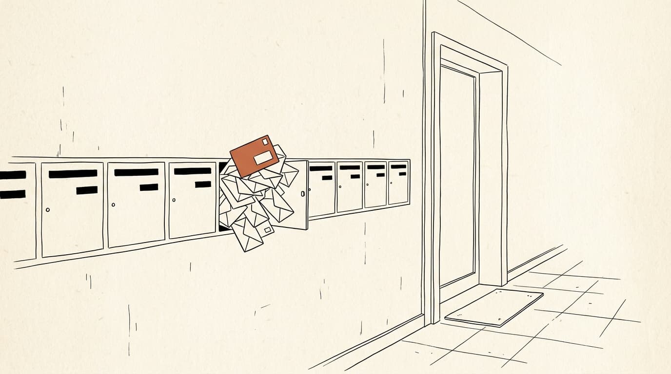 Illustration au trait : hall d'immeuble avec une rangée de boîtes aux lettres, dont une déborde d'enveloppes restées sans réponse
