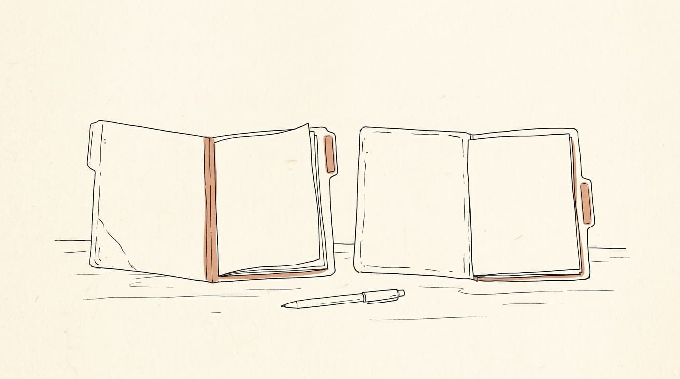 Illustration au trait : deux dossiers ouverts côte à côte sur un bureau, avec un stylo