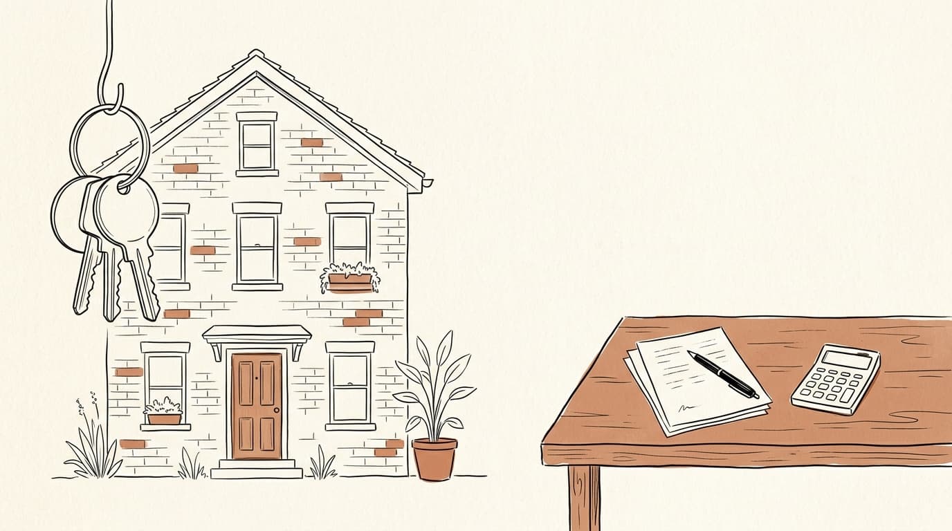Illustration au trait : façade d'un petit immeuble en briques, un trousseau de clés suspendu devant, des papiers, un stylo et une calculatrice sur une table