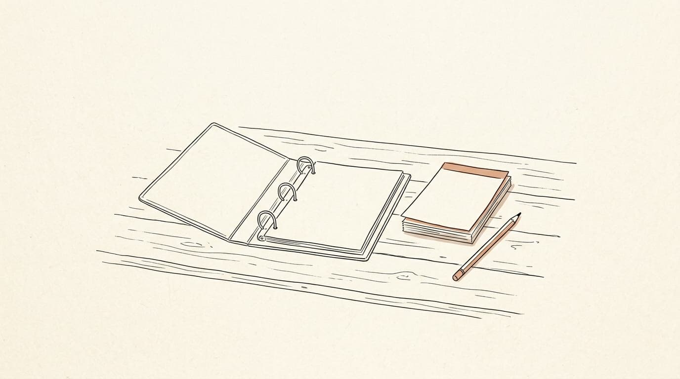 Illustration au trait : un classeur à anneaux ouvert, une petite pile de feuilles et un crayon posés sur une table en bois